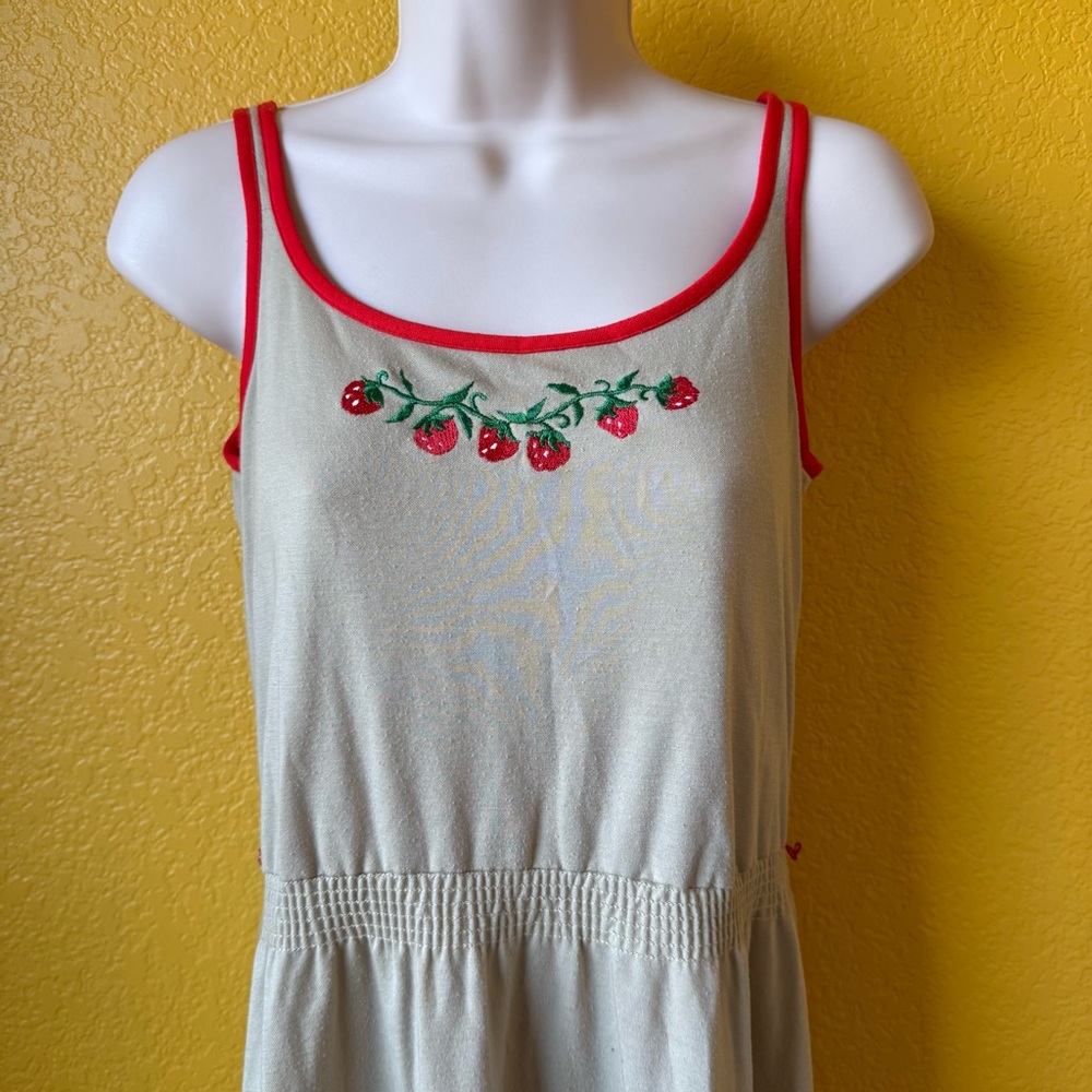 Vintage 80s Lanz Originals Strawberry Embroidered Red Piped Tan Tank Dress